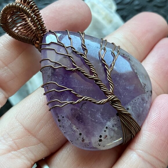 Copper Wire Wrapped Amethyst Tree Of Life Crystal Gemstone Jewelry Pendant - Picture 4 of 9